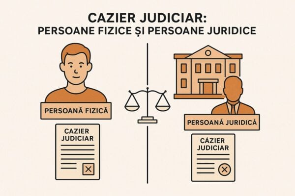 Ilustrație care compară cazierul judiciar al persoanelor fizice și juridice, cu pictograme reprezentând o persoană, o clădire, documente și o balanță care simbolizează justiția.