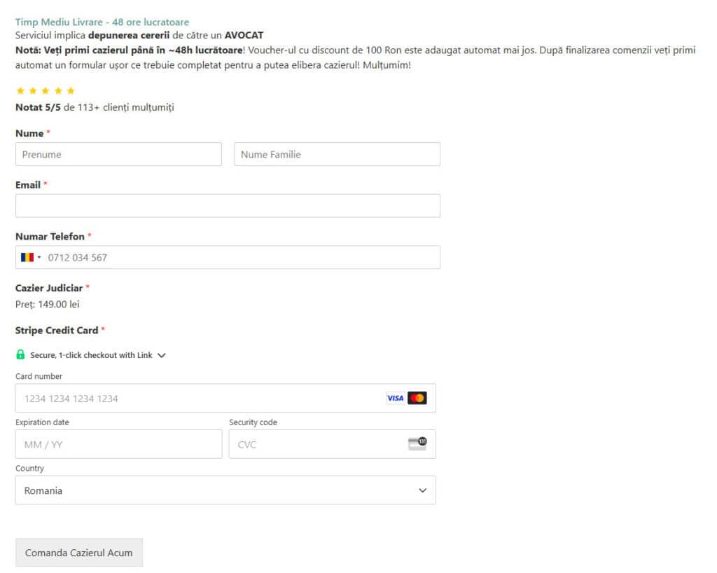 Formular online în limba română pentru programarea unei revizuiri a unui dosar juridic, inclusiv câmpuri pentru nume, e-mail, telefon, număr dosar și detalii de plată, cum ar fi plata taxei cazierului judiciar, plus un buton pentru trimiterea comenzii.