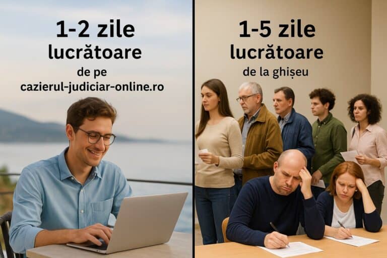 Imagine divizată care prezintă un bărbat zâmbind la un laptop în stânga, evidențiind procesul rapid online de tip Cazier Judiciar Persoane Juridice în 1-2 zile și oameni care așteaptă la coadă la un ghișeu în dreapta, indicând că procesarea durează 1-5 zile lucrătoare.