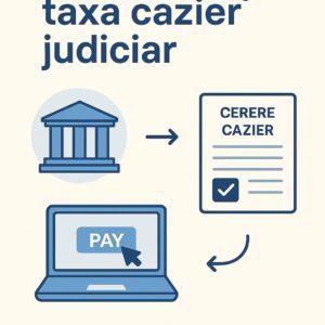 Ilustrație care arată unde se plătesc taxe cazier judiciar: mai întâi plata online, apoi trimiterea unui formular de cerere etichetat „Cerere Cazier”.