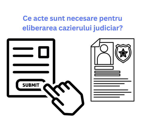 O mână face clic pe un buton de trimitere pe un formular lângă un document cu o fotografie, o insignă și informații despre taxa cazier judiciar. Textul de mai sus întreabă despre documentele necesare pentru obținerea unui certificat de cazier judiciar în limba română.