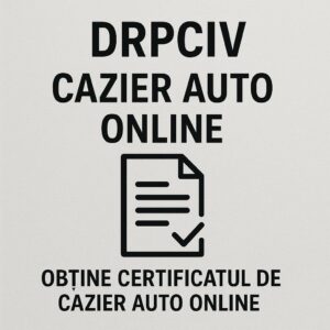 O pictogramă de document cu o bifă sub textul "DRPCIV Cazier Auto Online" și "Obține certificat de drpciv cazier auto online" &icirc;n limba rom&acirc;nă, promov&acirc;nd un certificat de cazier auto online.