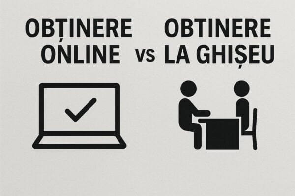 Grafic comparativ care arată "Obținerea online" cu o pictogramă de laptop versus "Obținerea la ghișeu" pentru drpciv cazier auto, evidențiind diferitele metode de obținere a serviciilor.