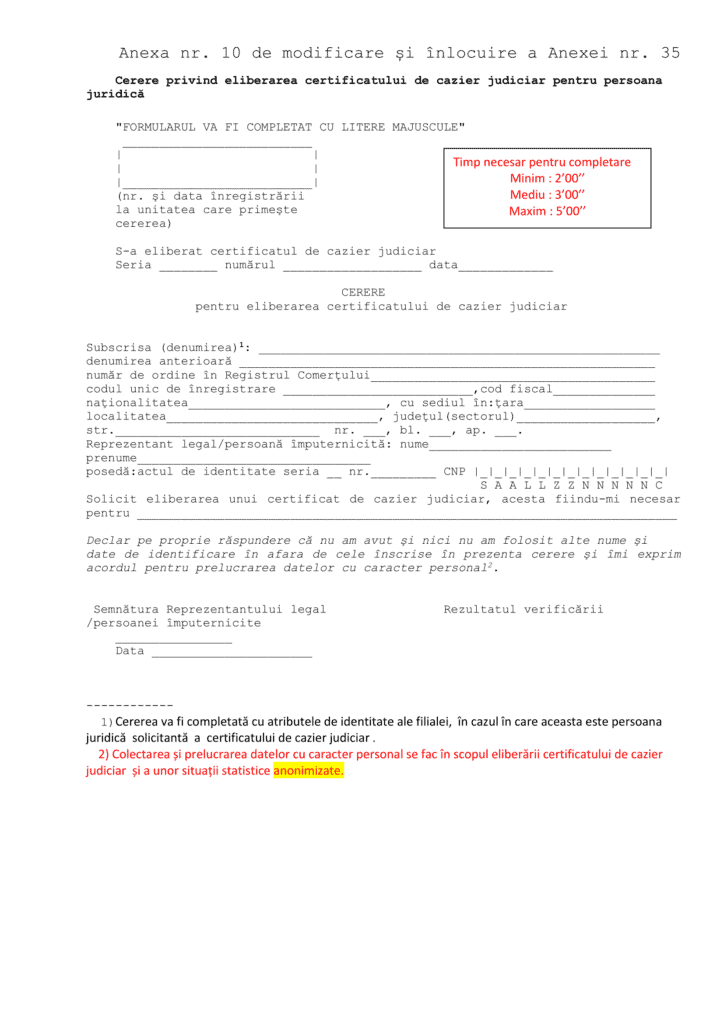 Formular pentru solicitarea unui certificat de cazier judiciar pentru o persoană juridică în limba română, cu text roșu care evidențiază câmpurile obligatorii, instrucțiuni de completare și informații despre actul necesar cazier judiciar firmă.