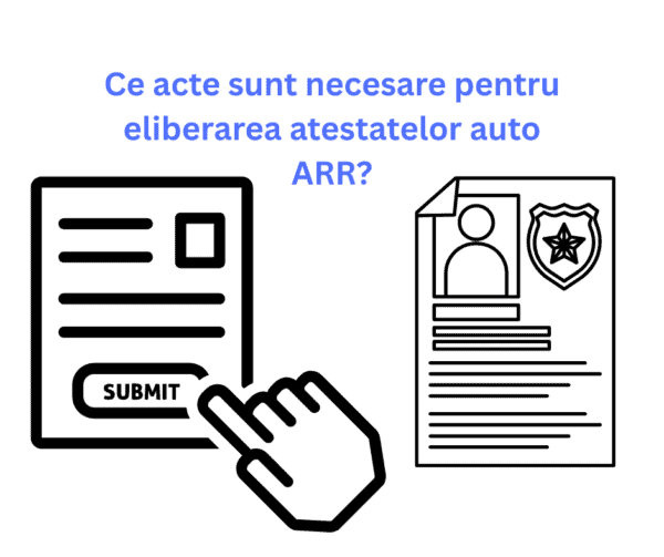 O mână apasă butonul "Trimite" de pe un document, în timp ce o alta arată o fotografie și o insignă; textul românesc întreabă despre documentele necesare pentru Eliberarea Documentelor ARR sau obținerea unui Atestat Profesional.