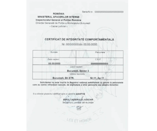 Un certificat rom&acirc;nesc de integritate comportamentală eliberat de poliție, cu c&acirc;mpuri de informații personale, ștampile oficiale și semnături de autorizare.