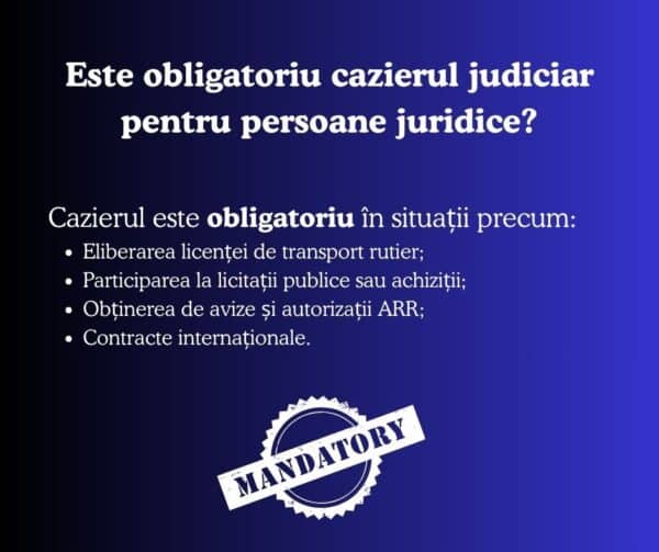 Grafic informativ în limba română privind obligativitatea cazierului judiciar pentru persoanele juridice, enumerând situațiile în care acesta este necesar, cu ștampila "OBLIGATORIU" în partea de jos.
