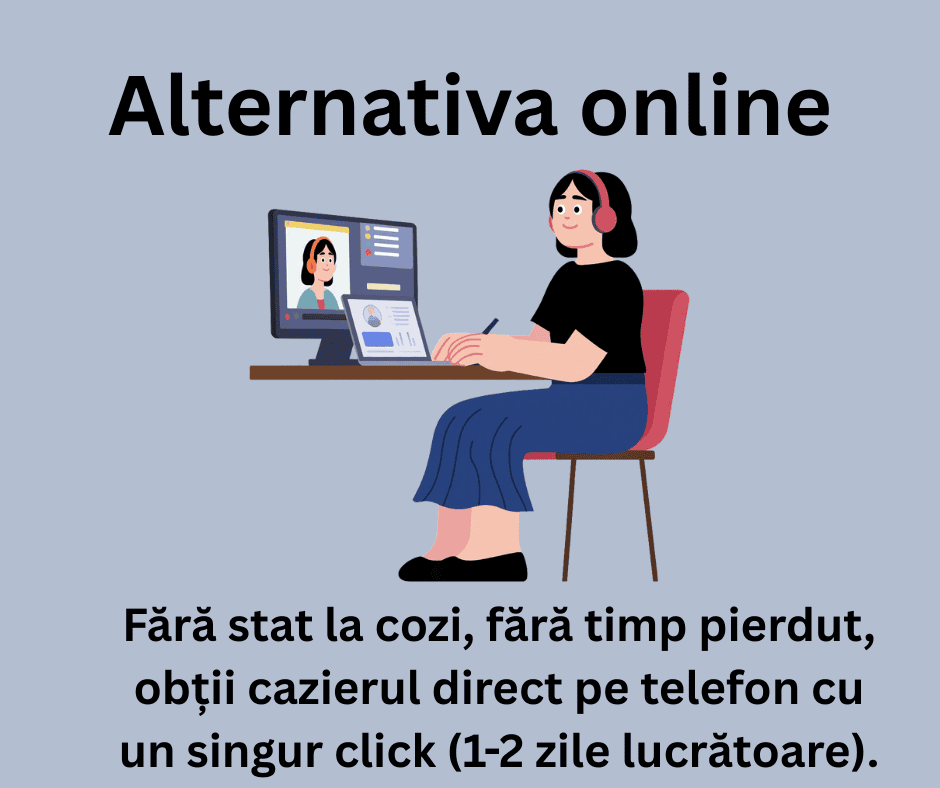 O femeie stă la un birou folosind un computer pentru un serviciu online, cu un ecran de apel video vizibil, promovând o modalitate mai ușoară de a plăti taxa cazier judiciar și de a obține documente oficiale fără a aștepta la coadă.