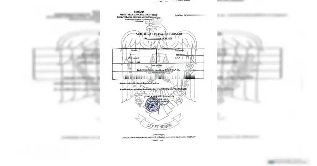 Un certificat de cazier judiciar rom&acirc;nesc scanat, cu emblema oficială, un tabel cu date personale și text &icirc;n limba rom&acirc;nă, util pentru verificarea cazierului sau pentru solicitarea unui cazier judiciar online.