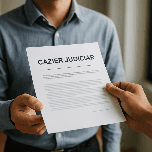 O persoană &icirc;nm&acirc;nează unei alte persoane un document intitulat "Cazier Judiciar", care ilustrează procesul de eliberare cazier judiciar.