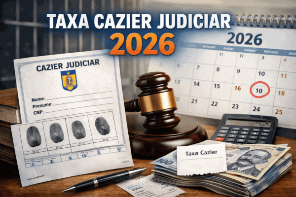 Documente de cazier judiciar românesc, ciocan, calendar marcat pe 10 iunie, calculator, pix și bancnote pe un birou, cu "Taxa Cazier Judiciar 2026" și detalii despre taxa cazier judiciar afișate deasupra.