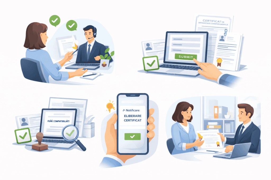 Persoane care completează și depun certificatul de integritate comportamentală online &icirc;ntr-un birou, verifică documentele și primesc notificarea de aprobare a certificatului pe telefonul mobil.