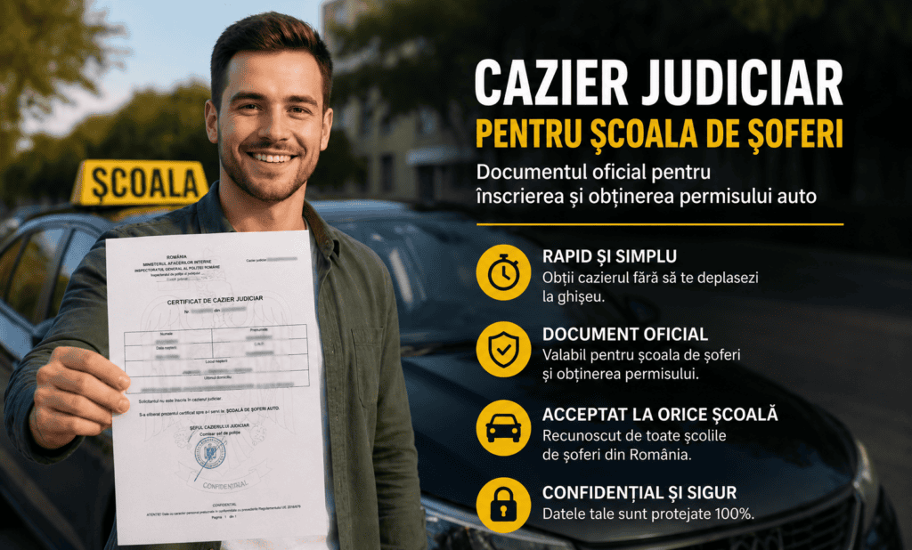 Un bărbat care deține un Cazier judiciar Scoala de soferi stă l&acirc;ngă o mașină pe care scrie "SCOALA". Textul informativ explică modul de obținere a unui certificat de cazier judiciar pentru Scoala de soferi.