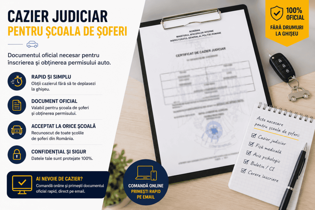 Afiș informativ rom&acirc;nesc despre obținerea unui Cazier judiciar Scoala de soferi, care prezintă un certificat neclar, un clipboard, un pix și o listă de verificare cu pictograme oficiale de aprobare pentru solicitanții școlilor de șoferi.