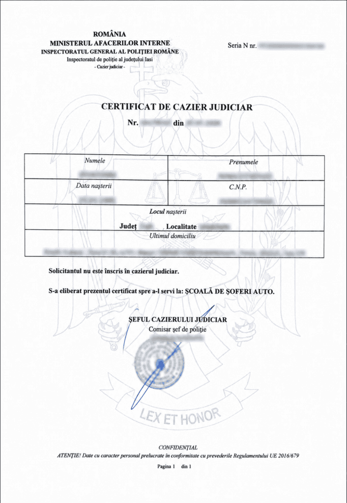 Un formular Cazier judiciar Scoala de soferi cu c&acirc;mpuri goale pentru detalii personale și oficiale, cum ar fi numele, data nașterii, adresa și scopul eliberării.