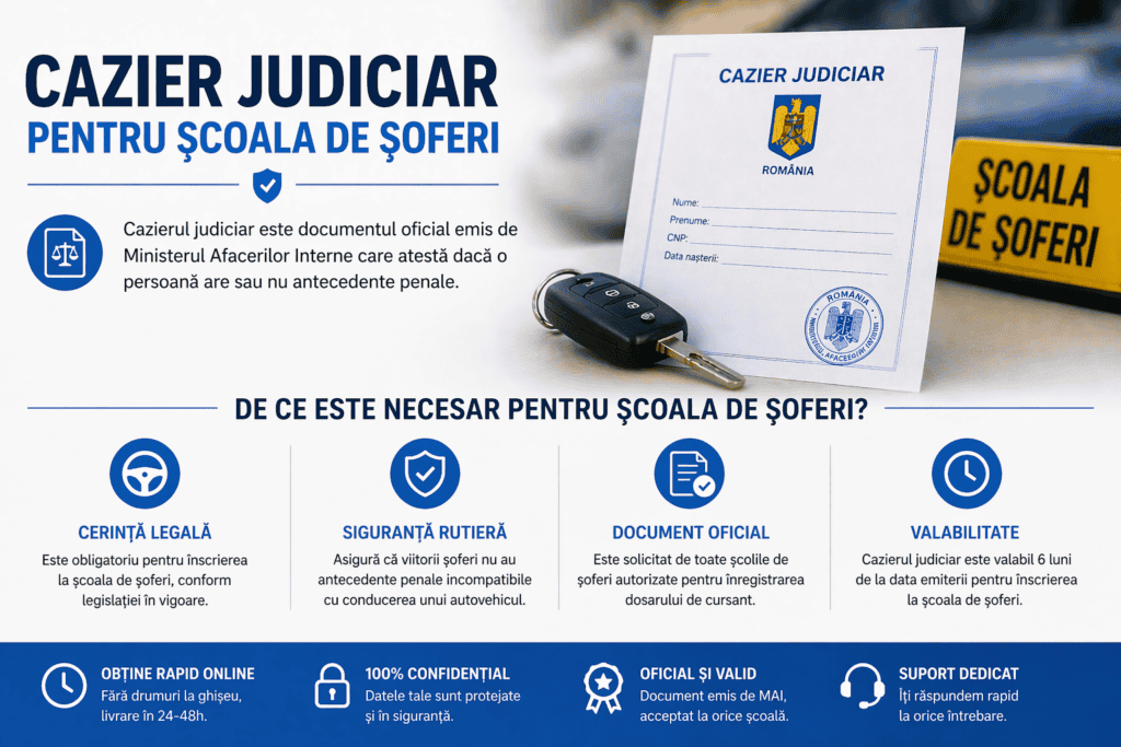 Afiș informativ despre Cazierul Scoala de soferi necesar pentru școala de șoferi din Rom&acirc;nia, prezent&acirc;nd un document, o cheie de mașină și puncte cheie despre legalitate, siguranță, statut oficial și valabilitate.