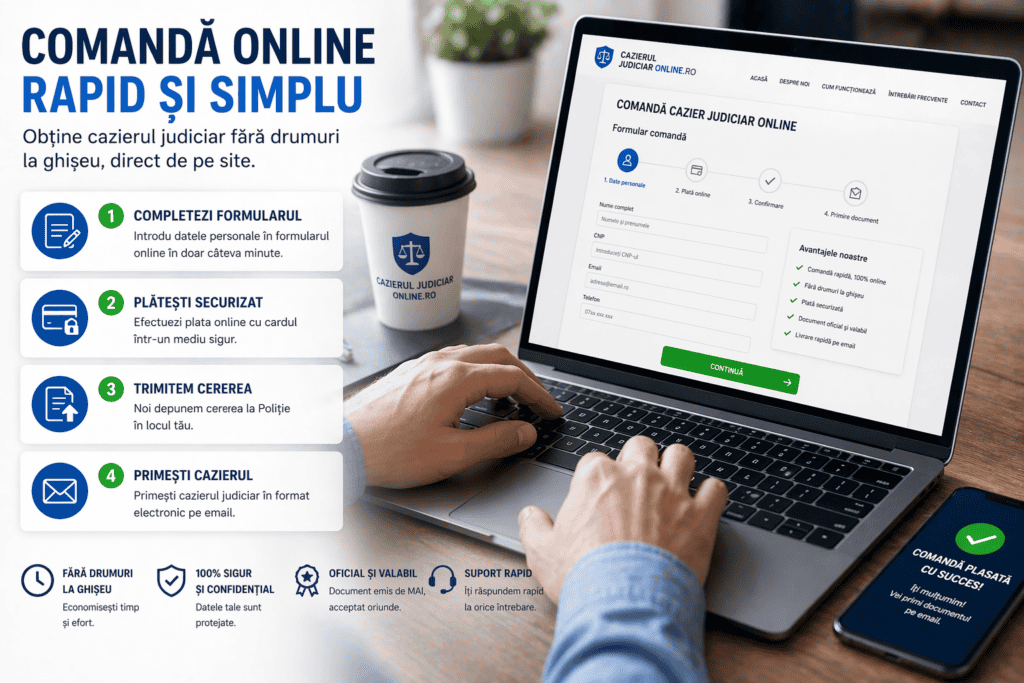 O persoană completează un formular online pentru obținerea unui certificat de cazier judiciar rom&acirc;nesc (Cazier judiciar Scoala de soferi) pe un laptop; pașii pentru comandă sunt enumerați &icirc;n partea st&acirc;ngă a imaginii.