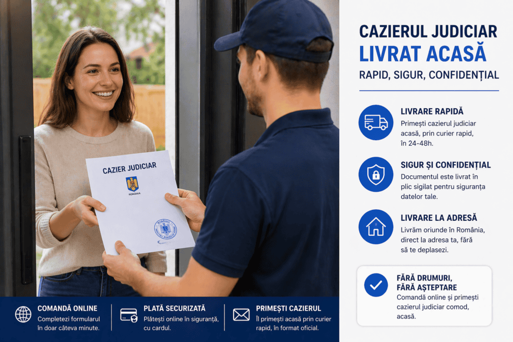 O femeie &icirc;și primește certificatul Cazier Scoala de soferi la domiciliu de la un curier, cu caracteristicile serviciului enumerate &icirc;n dreapta pentru livrare rapidă, sigură și confidențială &icirc;n Rom&acirc;nia.