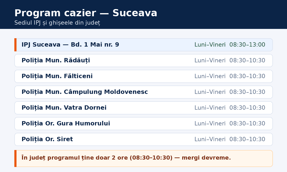 Program cazier judiciar Suceava &mdash; sediul IPJ și ghișeele din județ